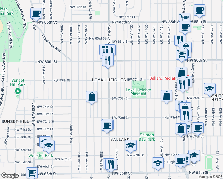 map of restaurants, bars, coffee shops, grocery stores, and more near 7526 24th Avenue Northwest in Seattle