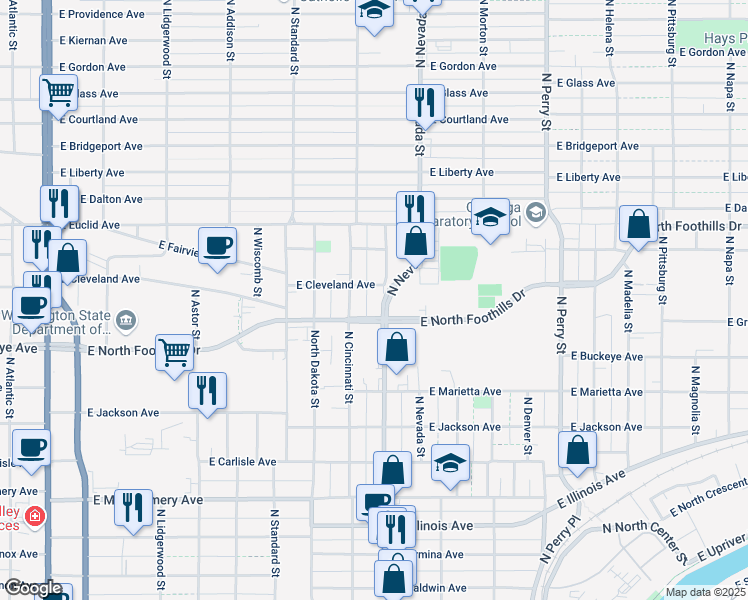 map of restaurants, bars, coffee shops, grocery stores, and more near 811 North Foothills Drive East in Spokane