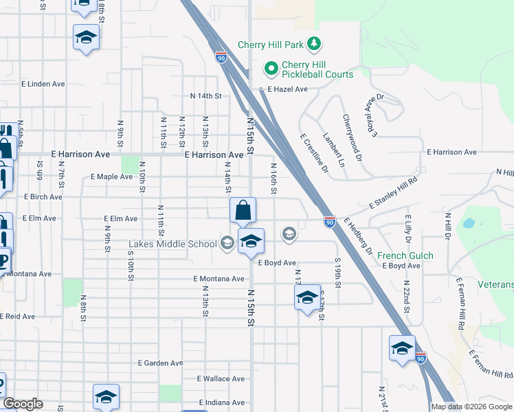 map of restaurants, bars, coffee shops, grocery stores, and more near 1038 North 15th Street in Coeur d'Alene