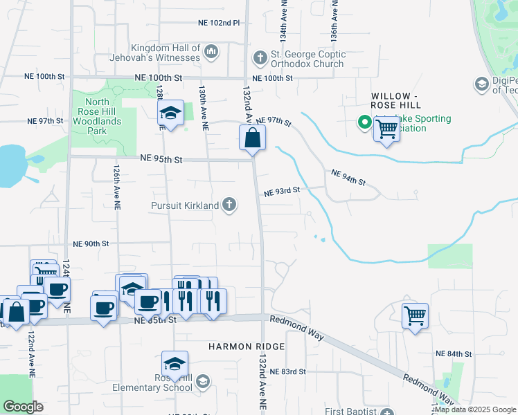 map of restaurants, bars, coffee shops, grocery stores, and more near 9223 132nd Avenue Northeast in Kirkland