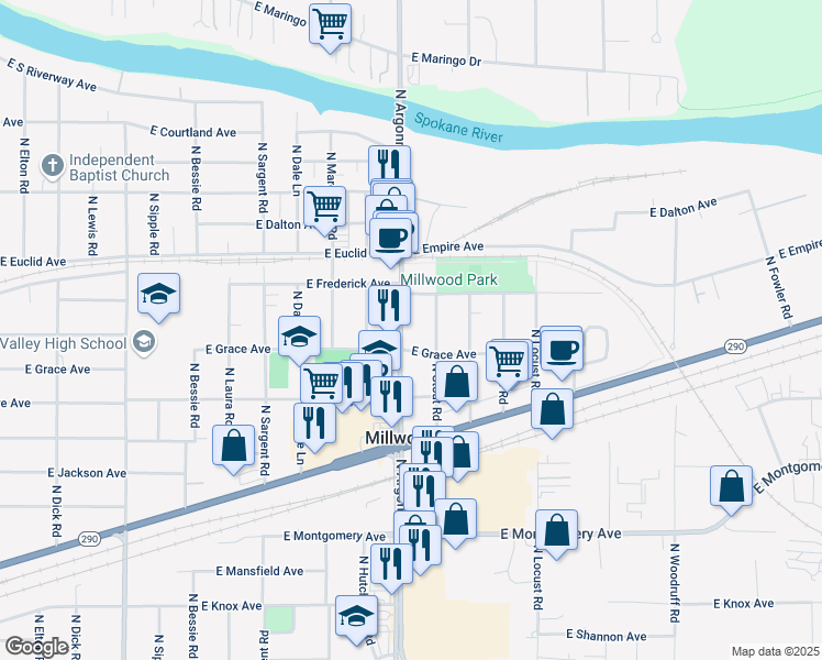 map of restaurants, bars, coffee shops, grocery stores, and more near 9125 East Grace Avenue in Spokane