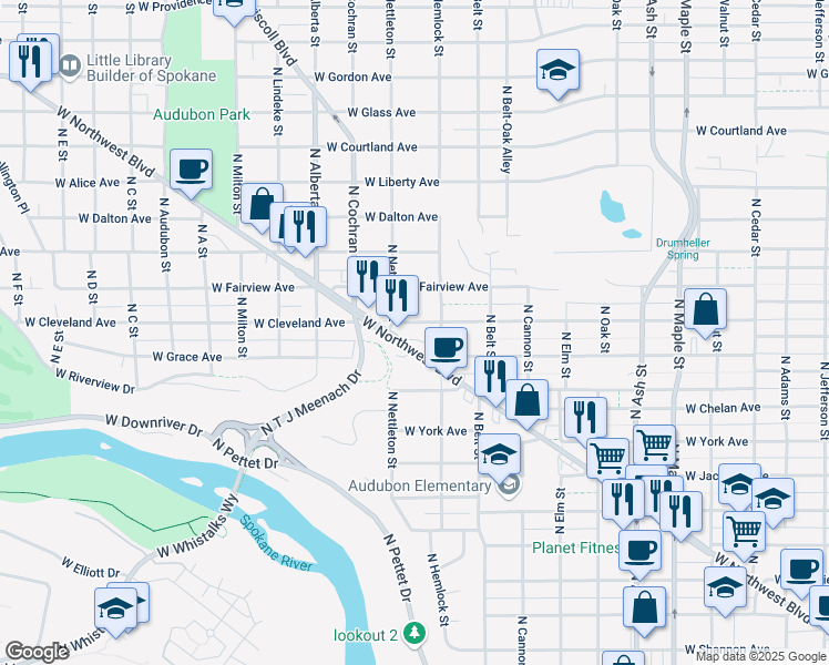 map of restaurants, bars, coffee shops, grocery stores, and more near 2215 West Northwest Boulevard in Spokane