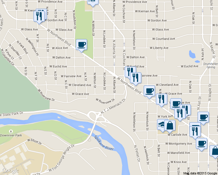 map of restaurants, bars, coffee shops, grocery stores, and more near 2614 West Grace Avenue in Spokane