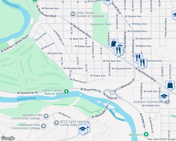 map of restaurants, bars, coffee shops, grocery stores, and more near 3024 West Grace Avenue in Spokane