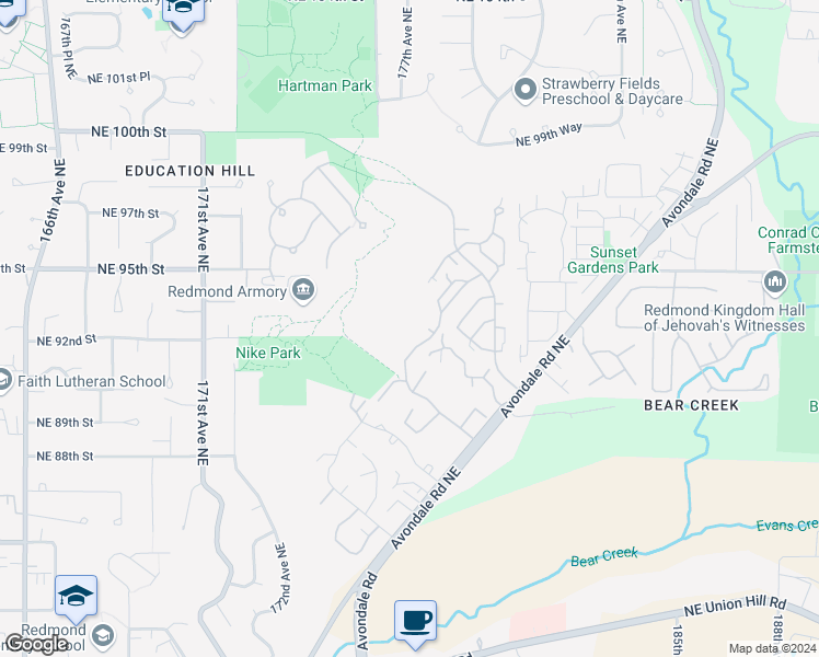 map of restaurants, bars, coffee shops, grocery stores, and more near 9105 177th Place Northeast in Redmond