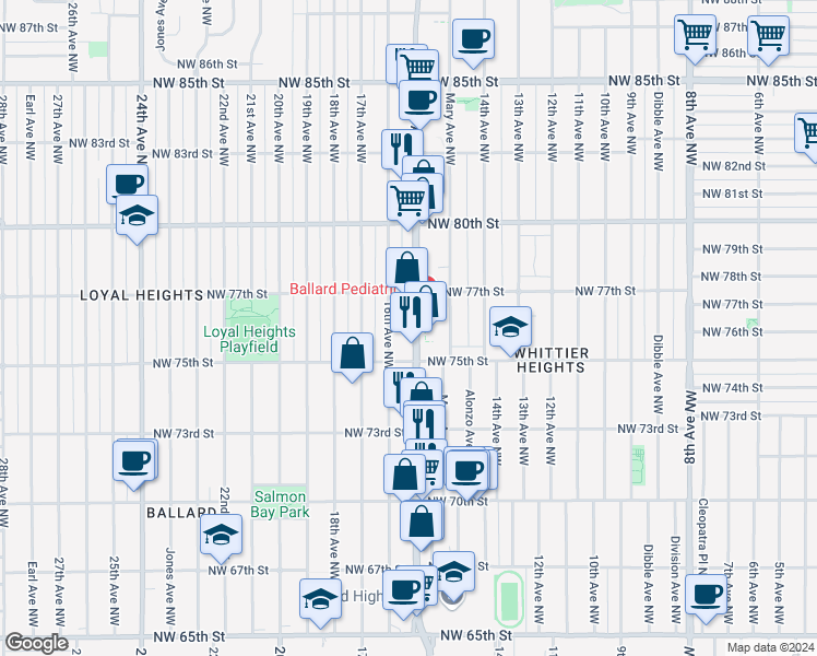 map of restaurants, bars, coffee shops, grocery stores, and more near in Seattle
