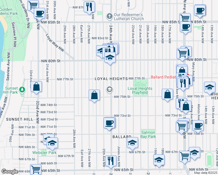 map of restaurants, bars, coffee shops, grocery stores, and more near 7505 24th Avenue Northwest in Seattle