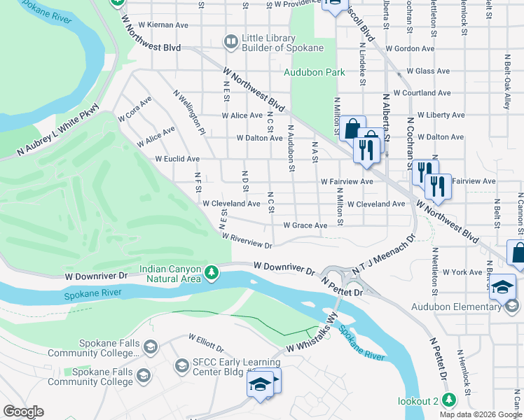 map of restaurants, bars, coffee shops, grocery stores, and more near 3125 West Grace Avenue in Spokane