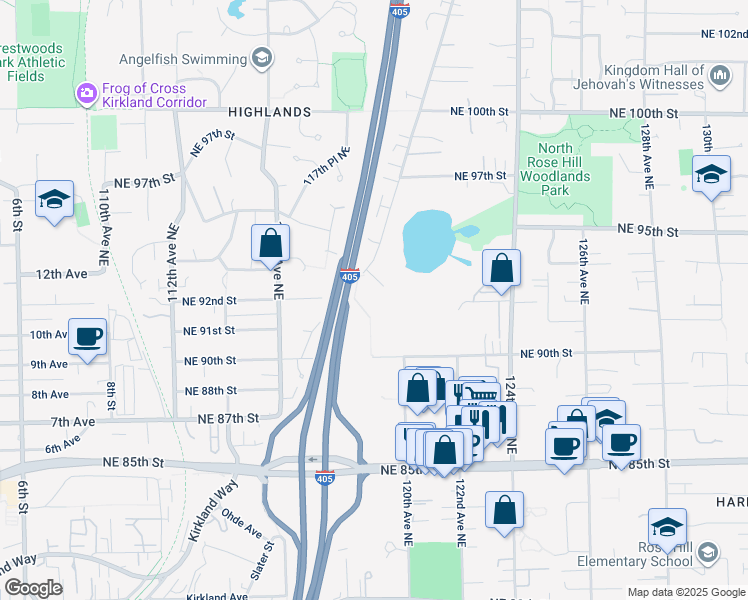 map of restaurants, bars, coffee shops, grocery stores, and more near 9224 Slater Avenue Northeast in Kirkland