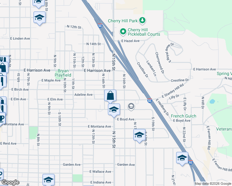 map of restaurants, bars, coffee shops, grocery stores, and more near 1038 North 15th Street in Coeur d'Alene