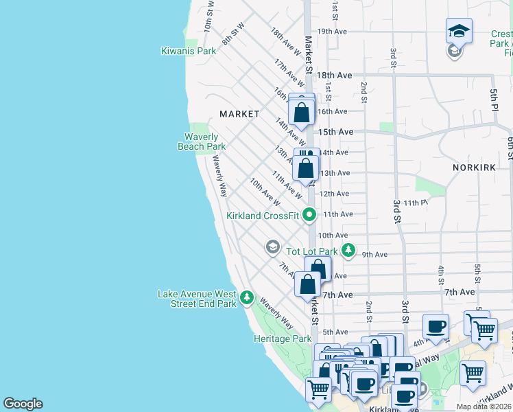 map of restaurants, bars, coffee shops, grocery stores, and more near 410 8th Avenue West in Kirkland