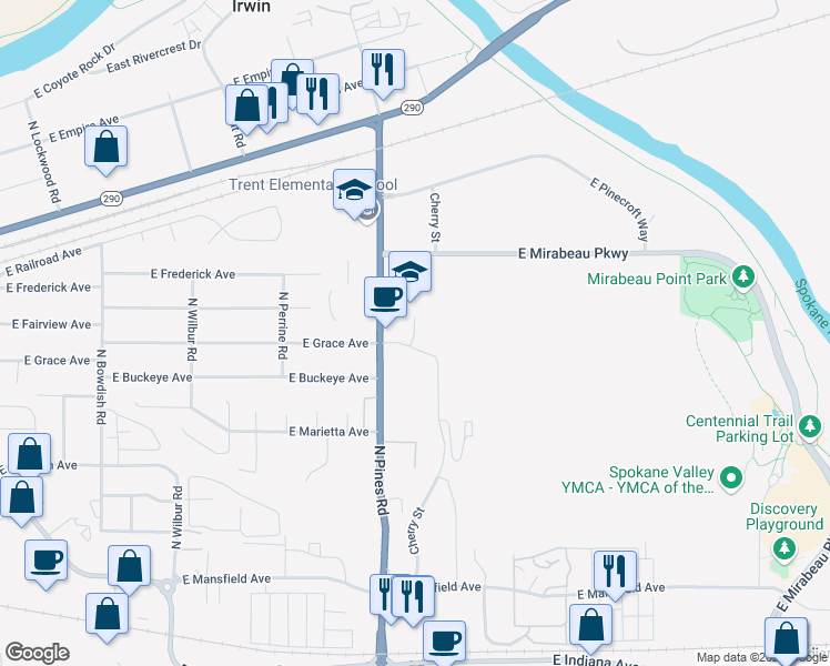 map of restaurants, bars, coffee shops, grocery stores, and more near North Cherry Lane in Spokane Valley