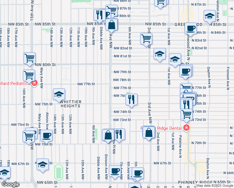 map of restaurants, bars, coffee shops, grocery stores, and more near 640 Northwest 76th Street in Seattle