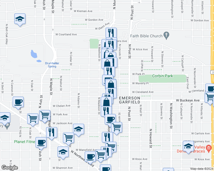 map of restaurants, bars, coffee shops, grocery stores, and more near 2901 N Monroe St in Spokane