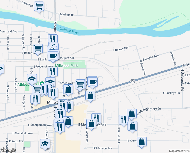 map of restaurants, bars, coffee shops, grocery stores, and more near 2901 North Boeing Road in Spokane