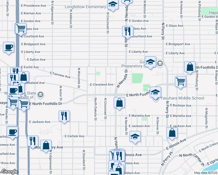 map of restaurants, bars, coffee shops, grocery stores, and more near 811 North Foothills Drive East in Spokane