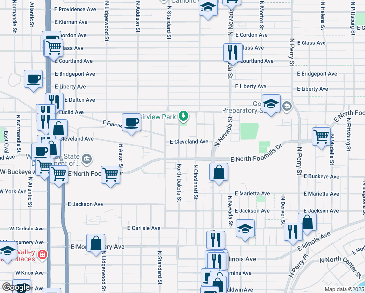 map of restaurants, bars, coffee shops, grocery stores, and more near 717 North Foothills Drive East in Spokane