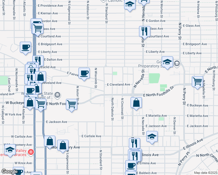 map of restaurants, bars, coffee shops, grocery stores, and more near 2802 North Standard Street in Spokane