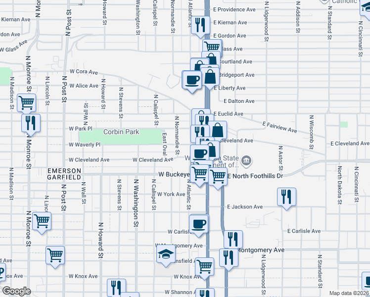 map of restaurants, bars, coffee shops, grocery stores, and more near 2728 North Atlantic Street in Spokane