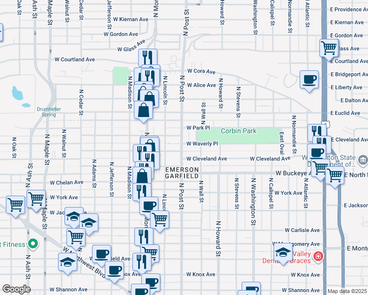 map of restaurants, bars, coffee shops, grocery stores, and more near 723 West Cleveland Avenue in Spokane