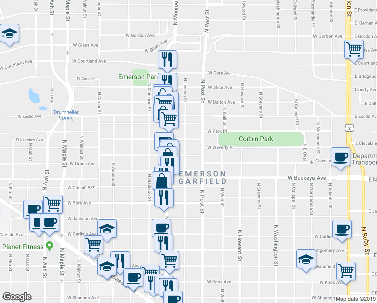 map of restaurants, bars, coffee shops, grocery stores, and more near 820 West Grace Avenue in Spokane