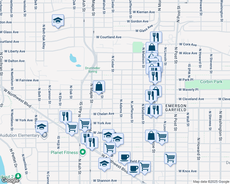 map of restaurants, bars, coffee shops, grocery stores, and more near 1316 West Grace Avenue in Spokane