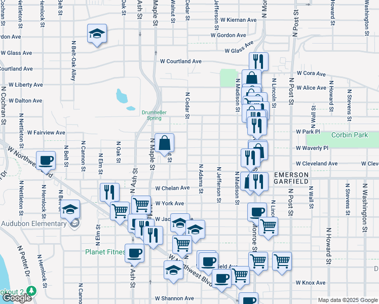 map of restaurants, bars, coffee shops, grocery stores, and more near 1316 West Grace Avenue in Spokane