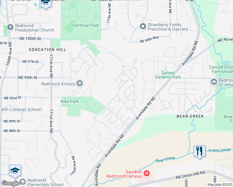 map of restaurants, bars, coffee shops, grocery stores, and more near 9009 Avondale Road Northeast in Redmond