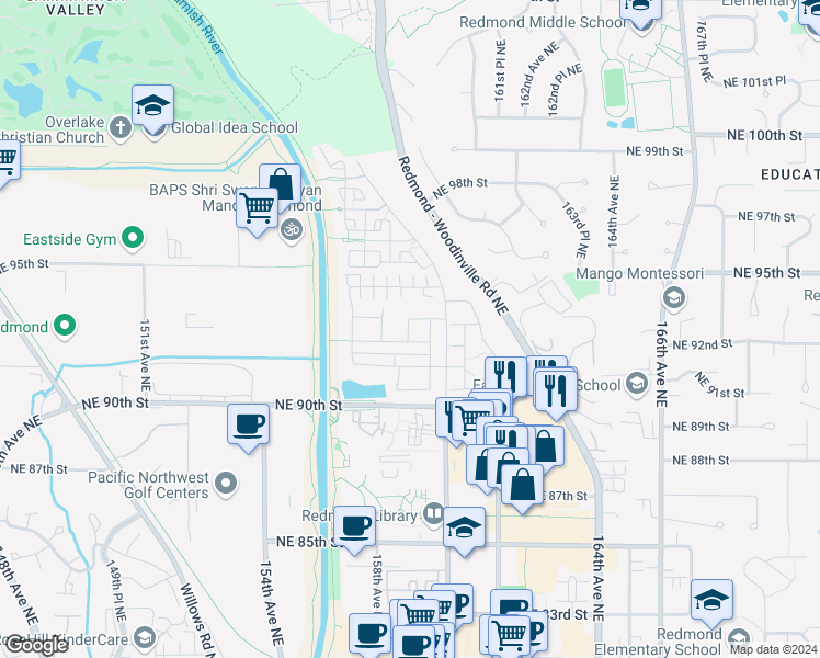 map of restaurants, bars, coffee shops, grocery stores, and more near 15846 Northeast 91st Way in Redmond