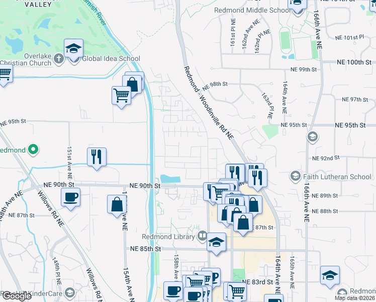 map of restaurants, bars, coffee shops, grocery stores, and more near 15628 Northeast 91st Way in Redmond