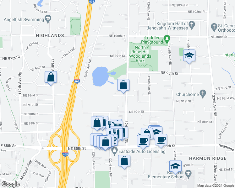 map of restaurants, bars, coffee shops, grocery stores, and more near 12202 Northeast 90th Street in Kirkland