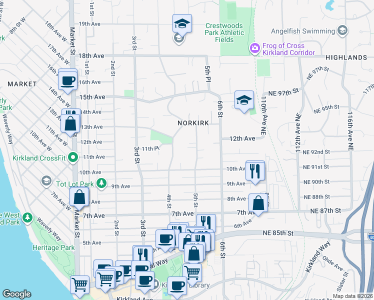 map of restaurants, bars, coffee shops, grocery stores, and more near 424 10th Avenue in Kirkland