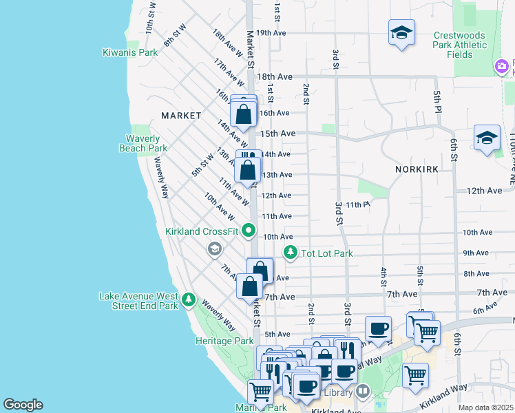 map of restaurants, bars, coffee shops, grocery stores, and more near 1018 Market Street in Kirkland