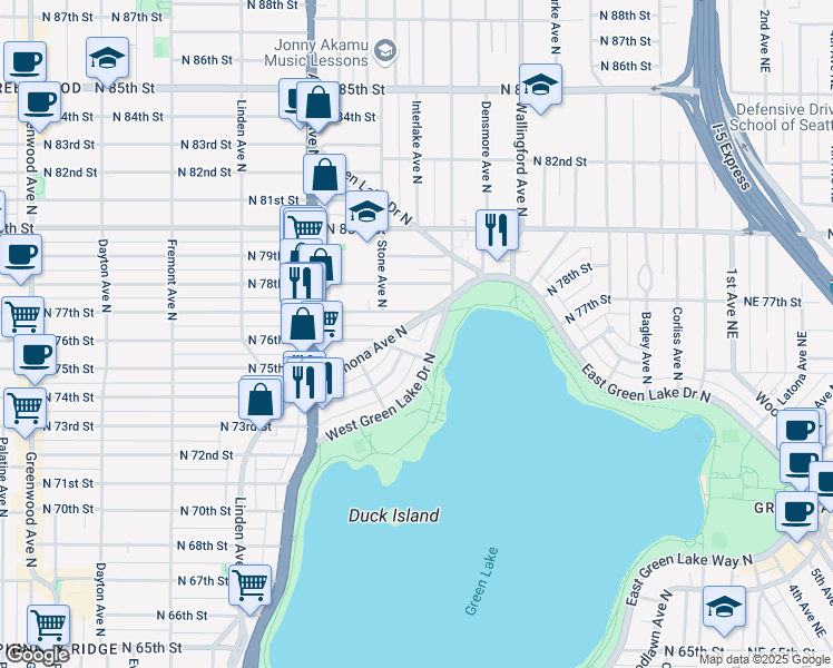 map of restaurants, bars, coffee shops, grocery stores, and more near 7353 West Green Lake Drive North in Seattle