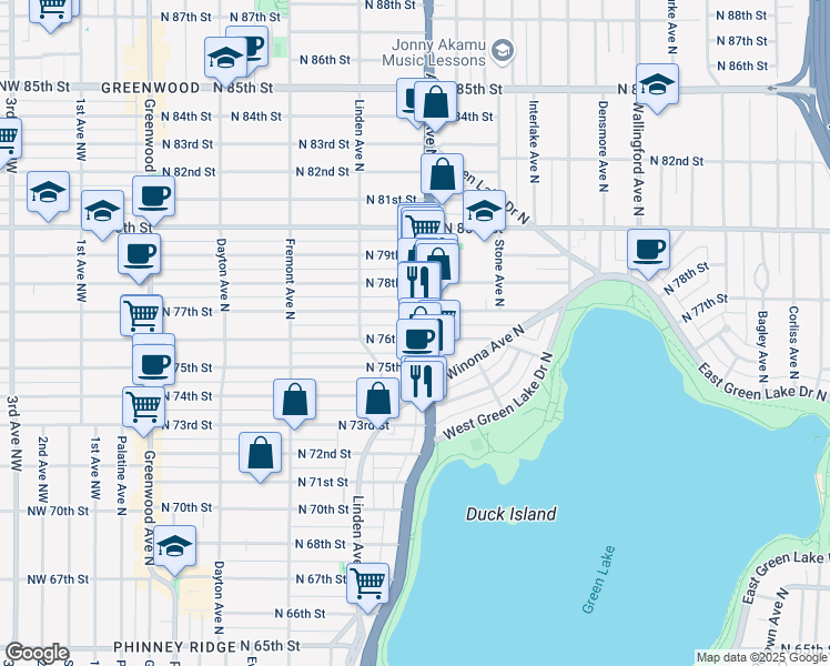 map of restaurants, bars, coffee shops, grocery stores, and more near 7504 Aurora Avenue North in Seattle