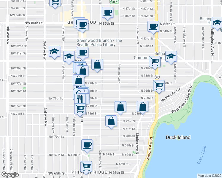 map of restaurants, bars, coffee shops, grocery stores, and more near 546 North 75th Street in Seattle