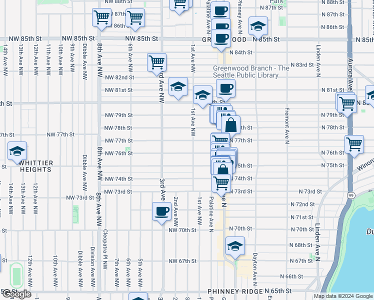 map of restaurants, bars, coffee shops, grocery stores, and more near 104 Northwest 75th Street in Seattle