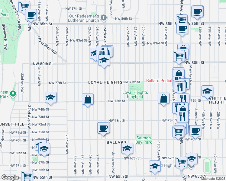 map of restaurants, bars, coffee shops, grocery stores, and more near 7511 Jones Avenue Northwest in Seattle