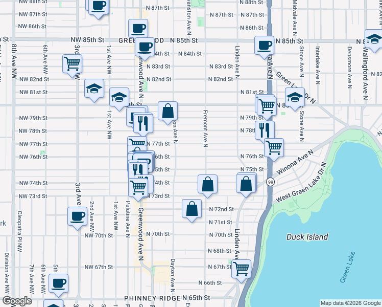 map of restaurants, bars, coffee shops, grocery stores, and more near 546 North 75th Street in Seattle
