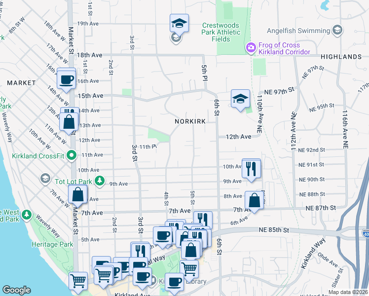 map of restaurants, bars, coffee shops, grocery stores, and more near 424 10th Avenue in Kirkland