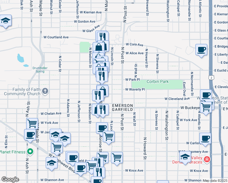 map of restaurants, bars, coffee shops, grocery stores, and more near 828 West Cleveland Avenue in Spokane