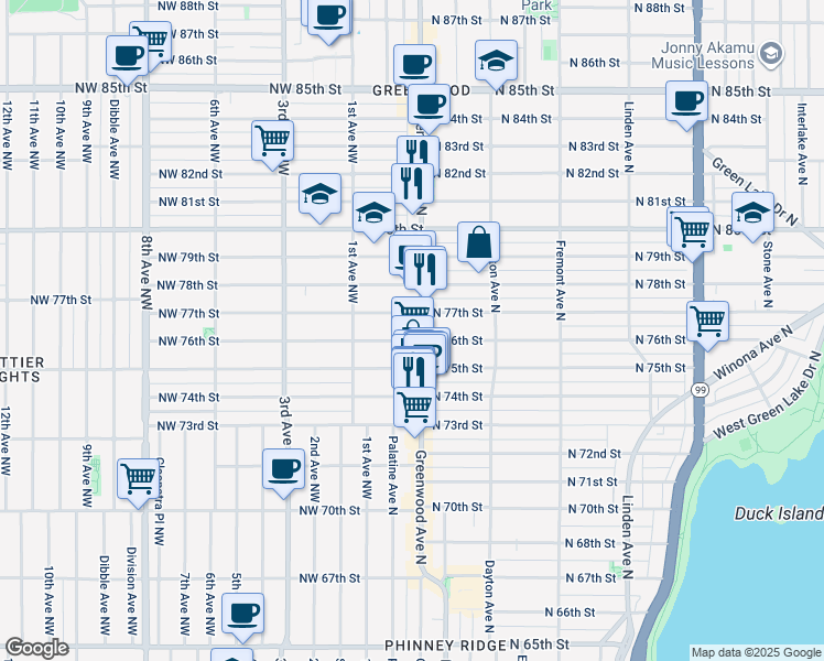 map of restaurants, bars, coffee shops, grocery stores, and more near 7706 Greenwood Avenue North in Seattle
