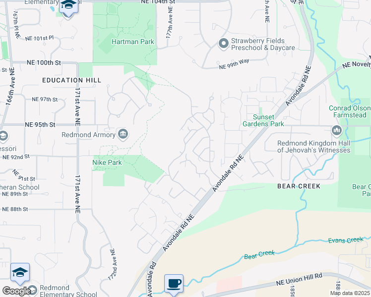 map of restaurants, bars, coffee shops, grocery stores, and more near 9301 176th Place Northeast in Redmond