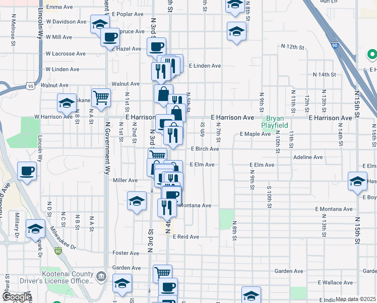 map of restaurants, bars, coffee shops, grocery stores, and more near 1024 North 5th Street in Coeur d'Alene