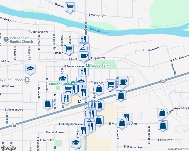 map of restaurants, bars, coffee shops, grocery stores, and more near in Millwood