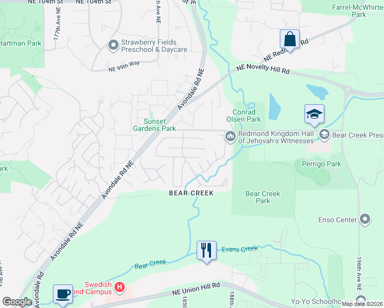 map of restaurants, bars, coffee shops, grocery stores, and more near 18609 Northeast 95th Street in Redmond