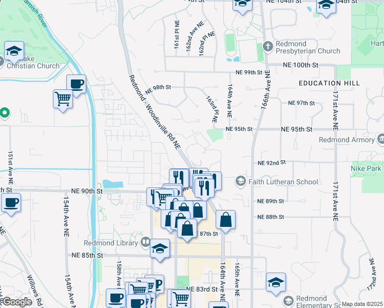 map of restaurants, bars, coffee shops, grocery stores, and more near 9300 Woodinville - Redmond Road Northeast in Redmond