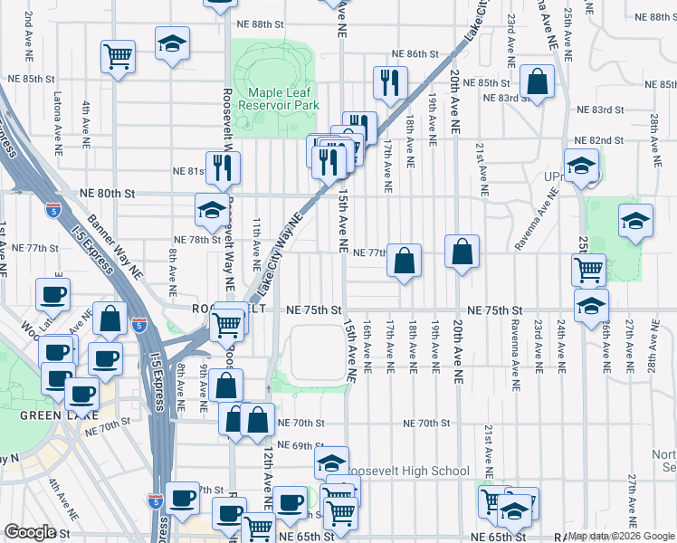 map of restaurants, bars, coffee shops, grocery stores, and more near 7702 14th Avenue Northeast in Seattle