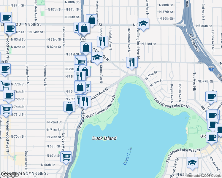 map of restaurants, bars, coffee shops, grocery stores, and more near 1340 North 77th Street in Seattle