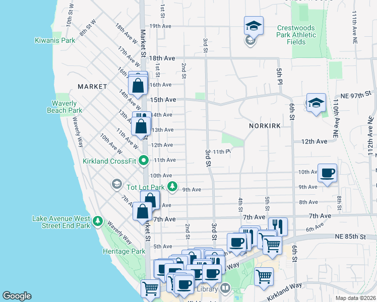 map of restaurants, bars, coffee shops, grocery stores, and more near 146 12th Avenue in Kirkland